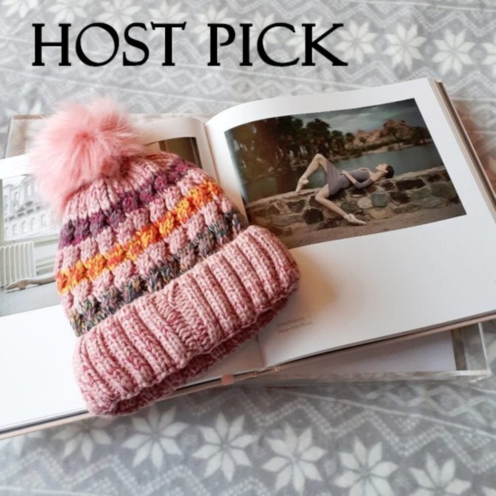 NWT Adrienne Landau pink stripe faux fur pom pom beanie hat